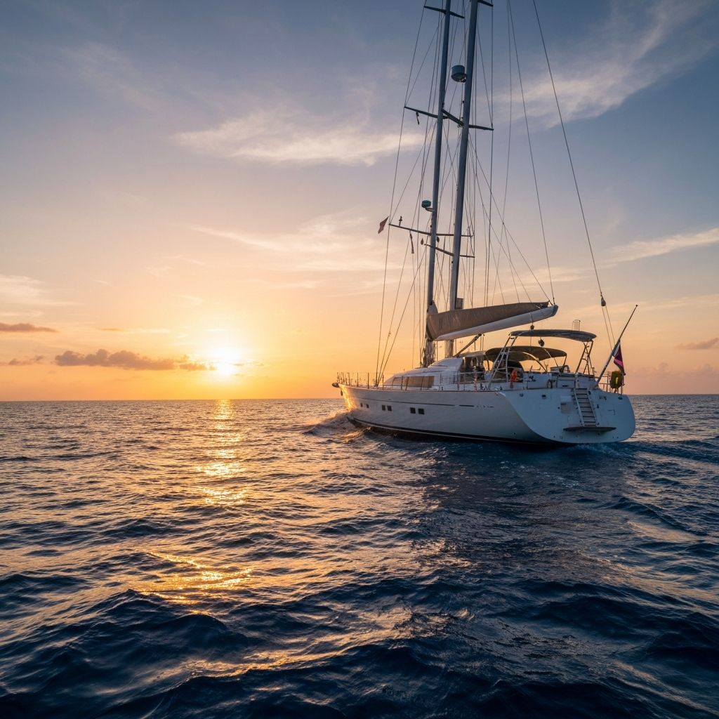 Luksusowy jacht żaglowy na oceanie o zachodzie słońca